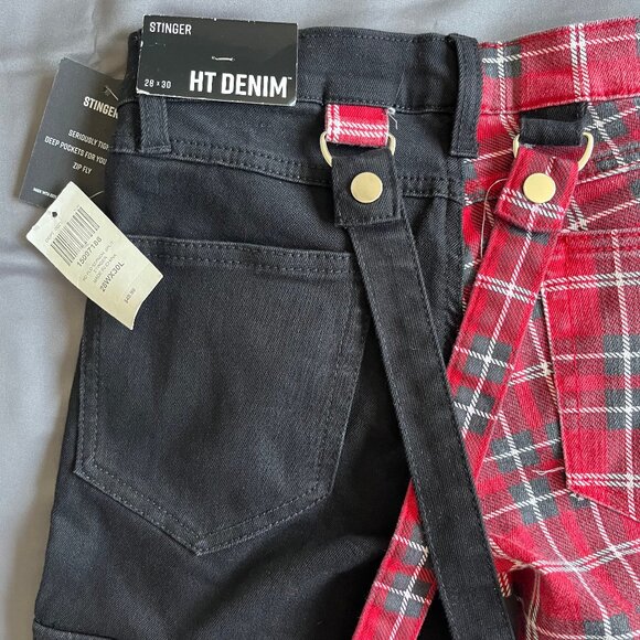 Hot Topic Denim Stinger Mens Size 28x30 Red Plaid Black Suspender Split Y2K Jean - Picture 7 of 7